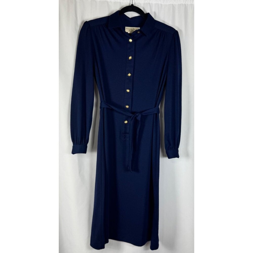 Vintage Schrader Sport Petites Navy Blue Knit Shirt Dress House Dress Belted 10P